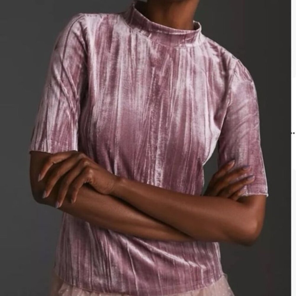 Anthropologie Pilcro Pink Burnt Velvet Mock Neck Top 1/2 Sleeves